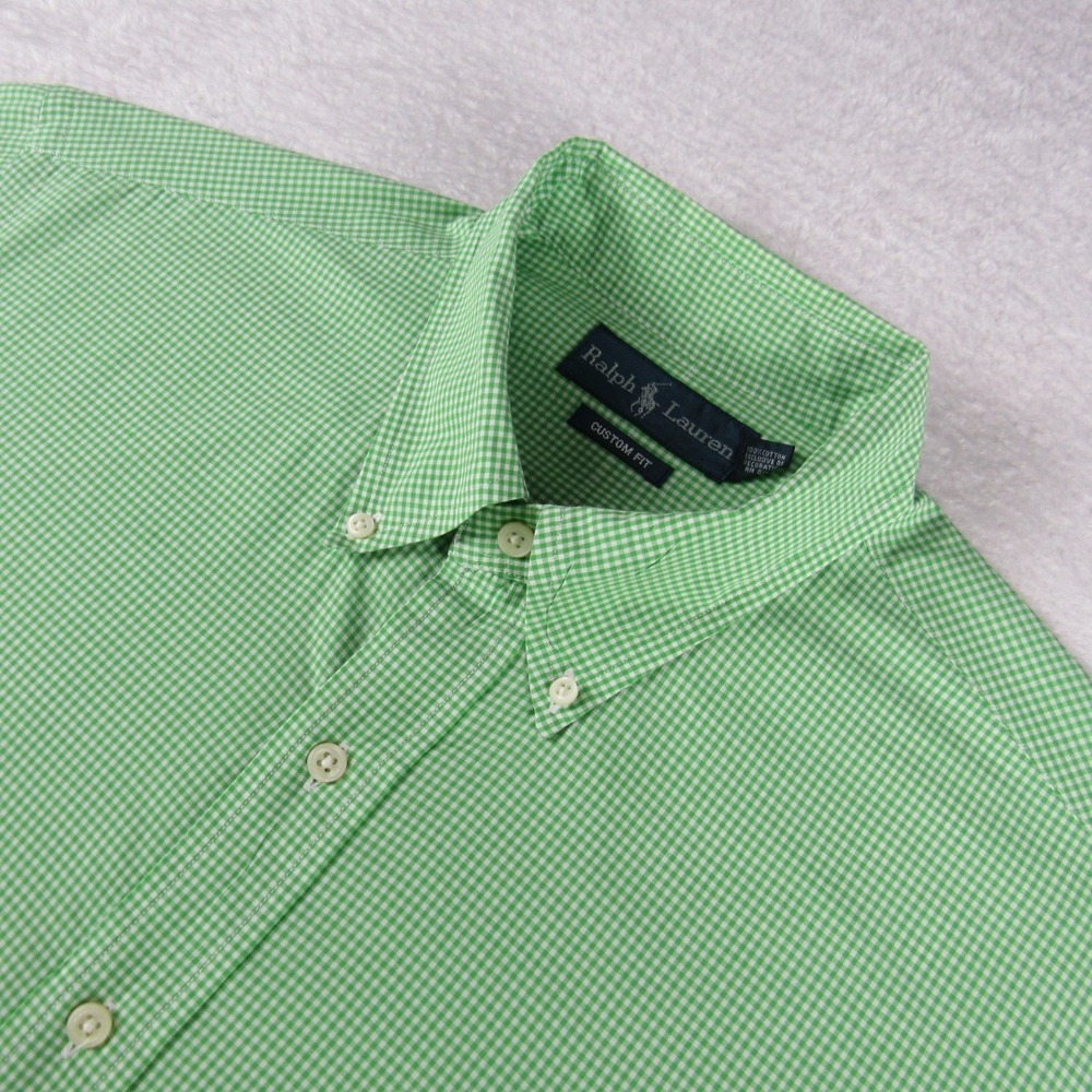 Ralph Lauren Button Down Mens Lg Green Gingham Custom Fit Cotton Shirt